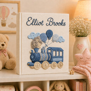 Personalized train hand embroidered photo album with balloons and vintage locomotive nursery design