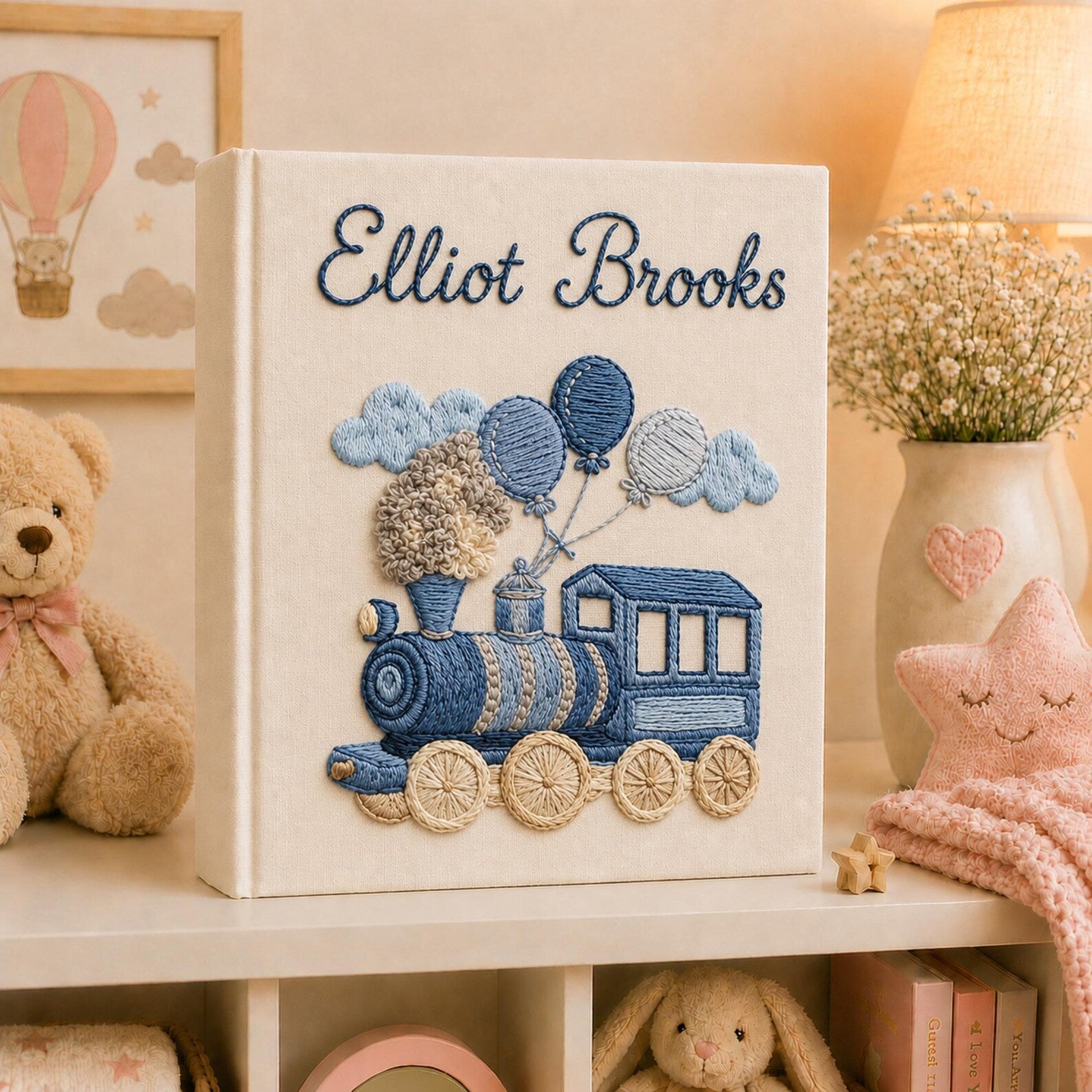 Personalized train hand embroidered photo album with balloons and vintage locomotive nursery design