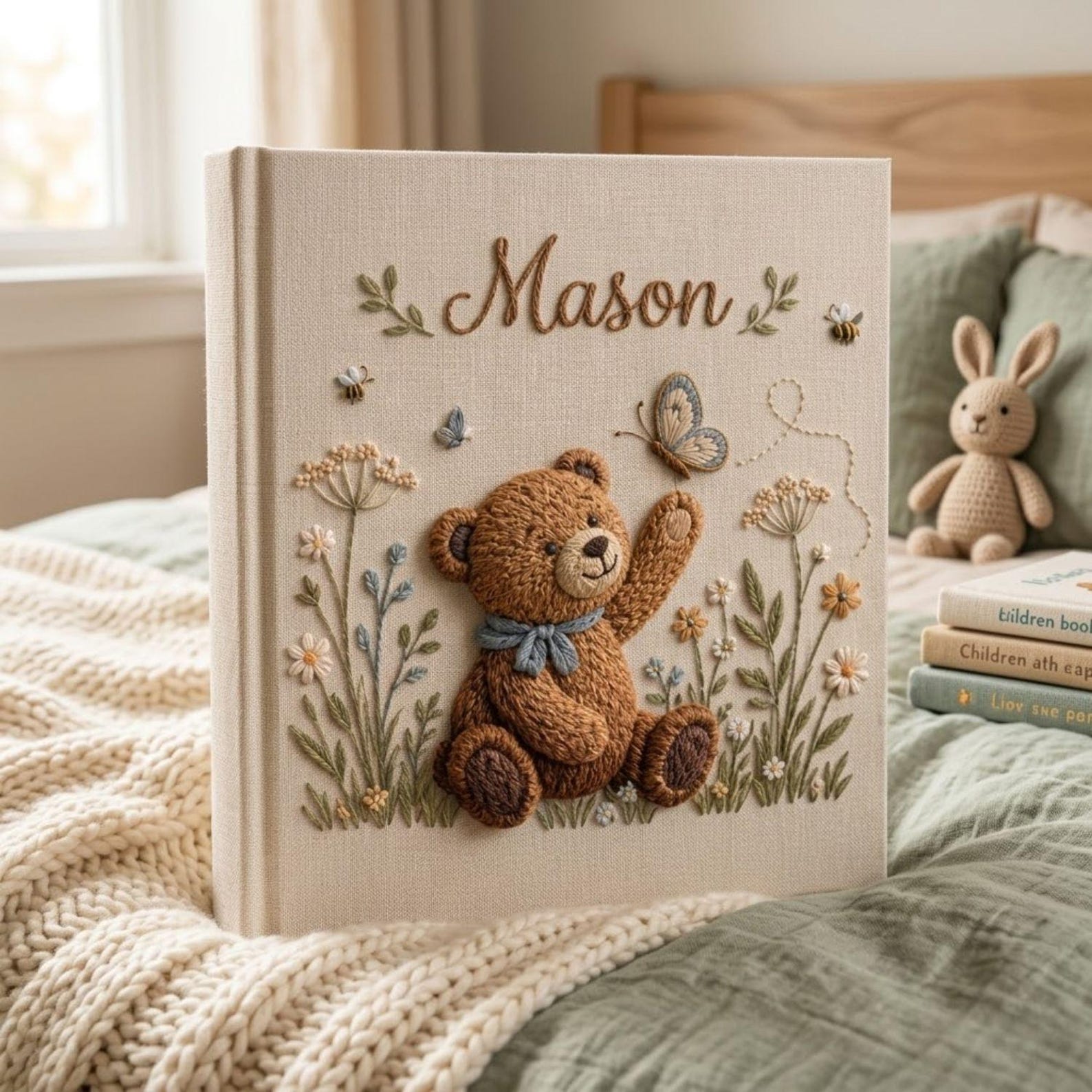 Personalized teddy butterfly hand embroidered baby photo album with woodland floral and bee design on linen cover