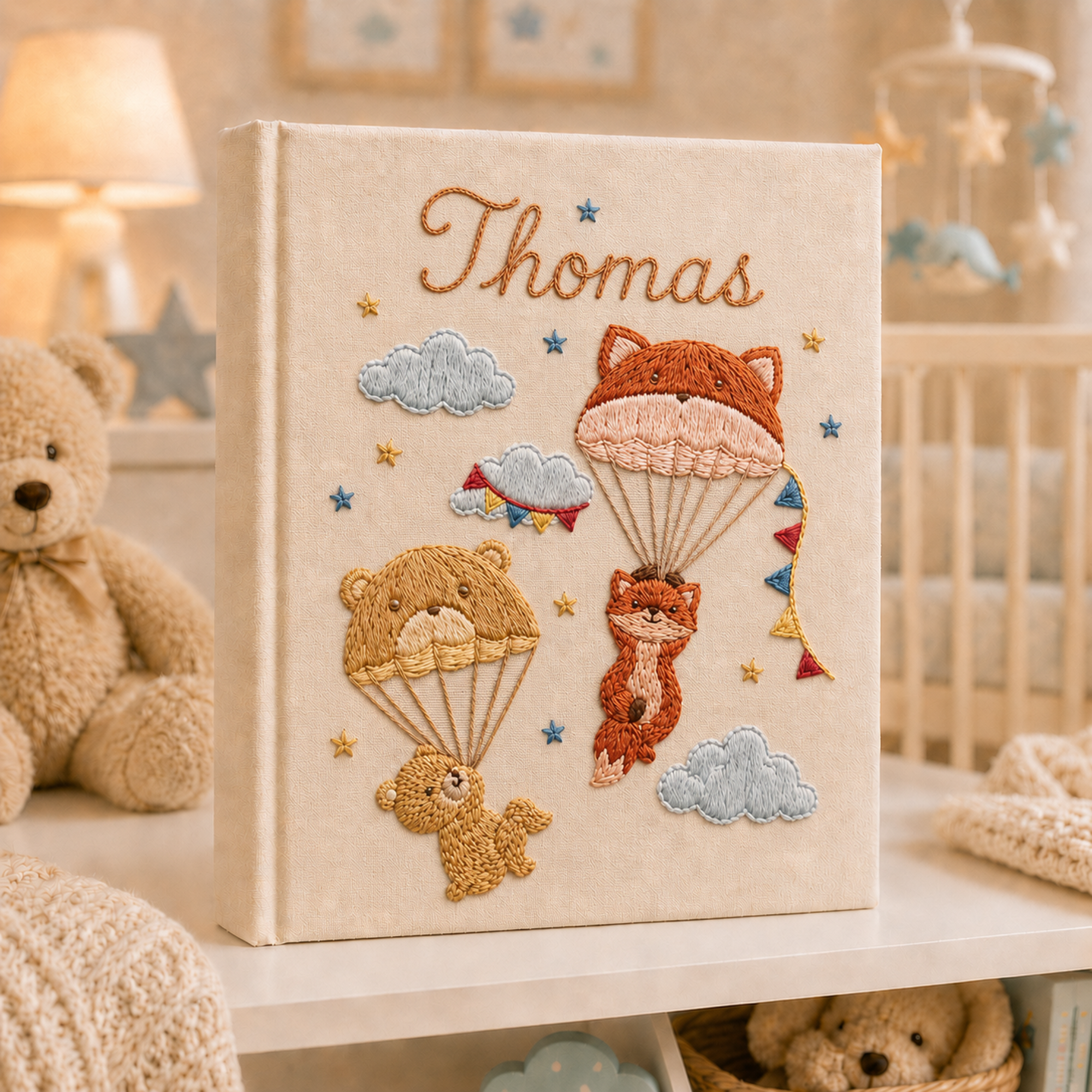 Personalized hand embroidered photo album featuring woodland animals with pastel balloons, clouds, stars, and rainbow details on a linen cover