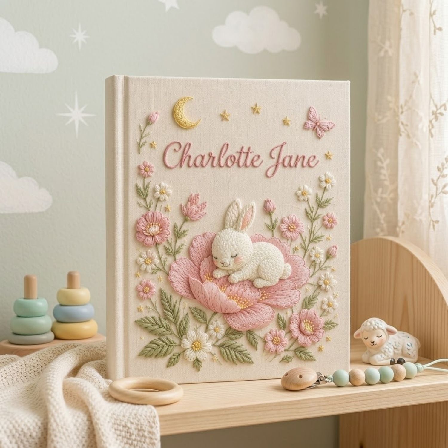 Personalized hand embroidered photo album featuring a sleeping bunny resting on a large pink flower surrounded by blossoms, butterflies, stars, and a crescent moon on a premium linen cover customized with a baby name