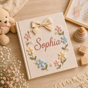 Personalized hand embroidered baby photo album with pastel floral wreath embroidery and elegant linen bow detail
