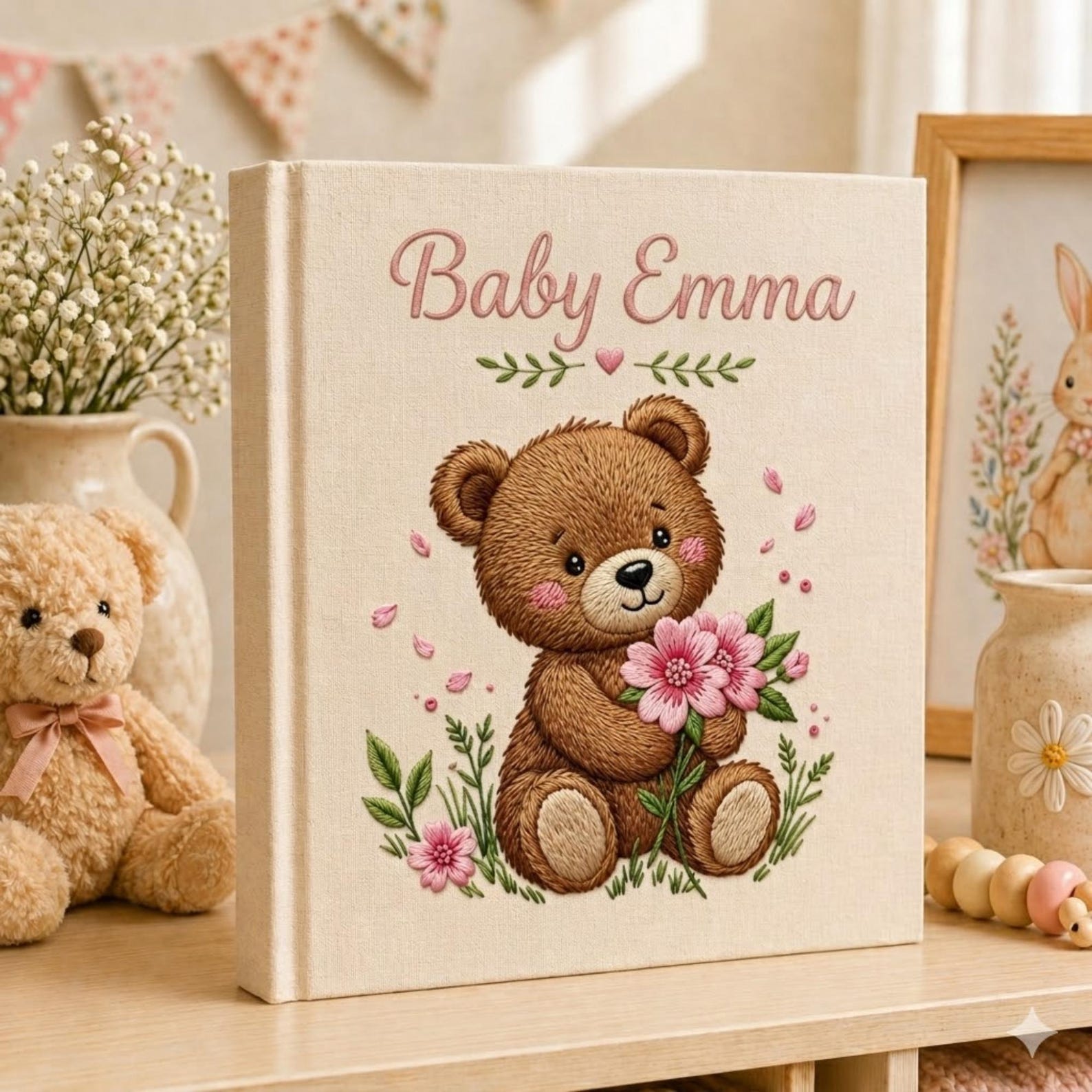 Personalized embroidered baby photo album with teddy bear holding pink flowers and floral nursery design