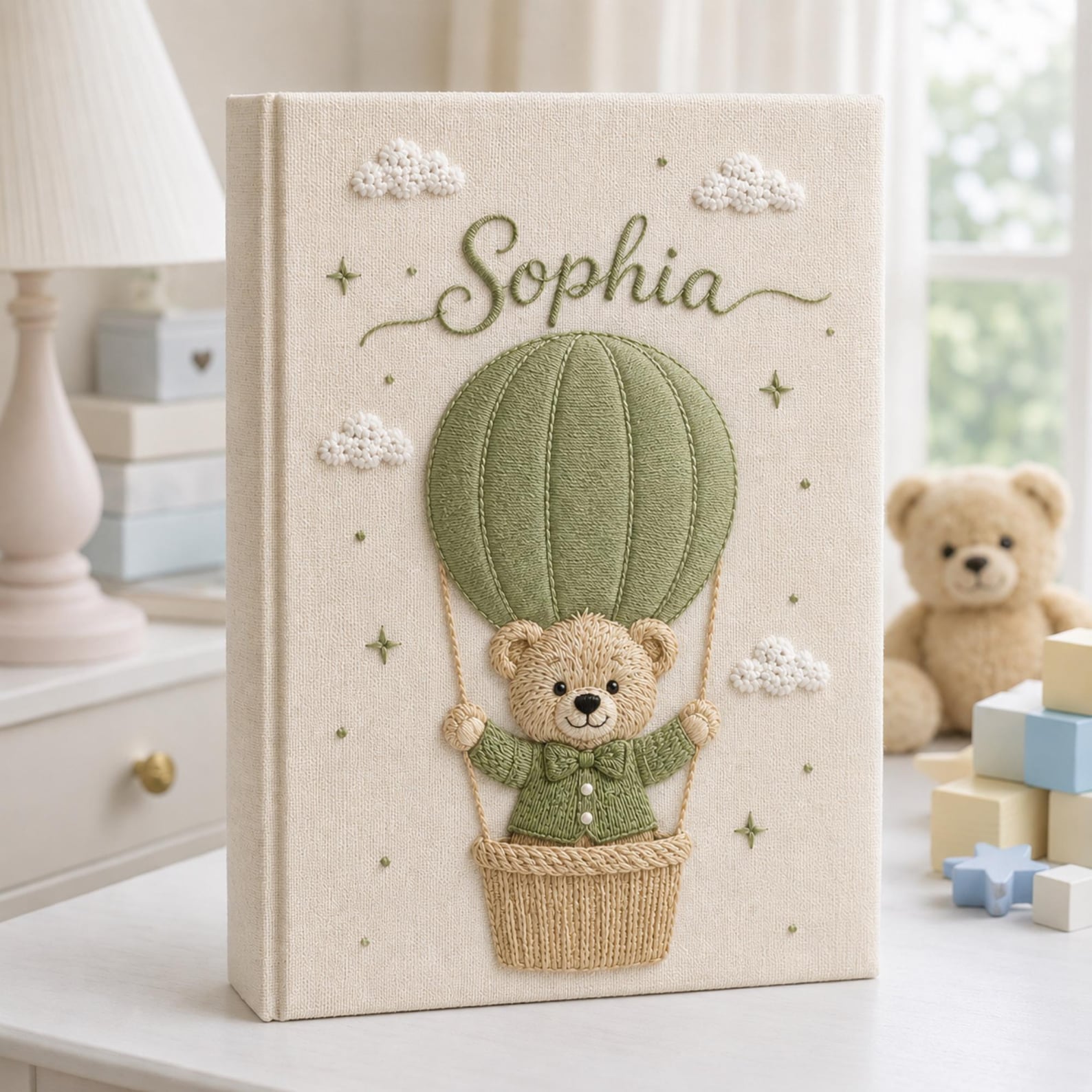 Personalized hand embroidered baby photo album with teddy bear in sage green hot air balloon