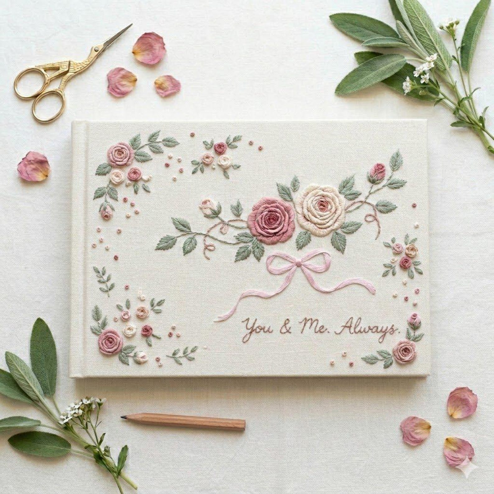 Hand embroidered wedding guest book with pink roses, ribbon bow, floral embroidery and romantic quote on linen cover