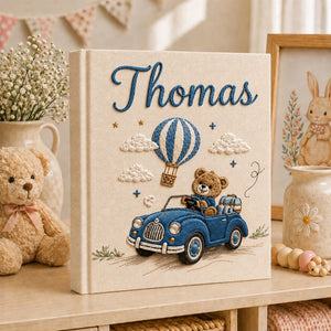Personalized baby boy hand embroidered photo album with teddy bear driving blue vintage car and hot air balloon