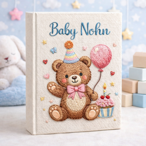 Personalized hand embroidered photo album featuring a birthday teddy bear holding a cake with heart balloons and gift boxes on a linen cover