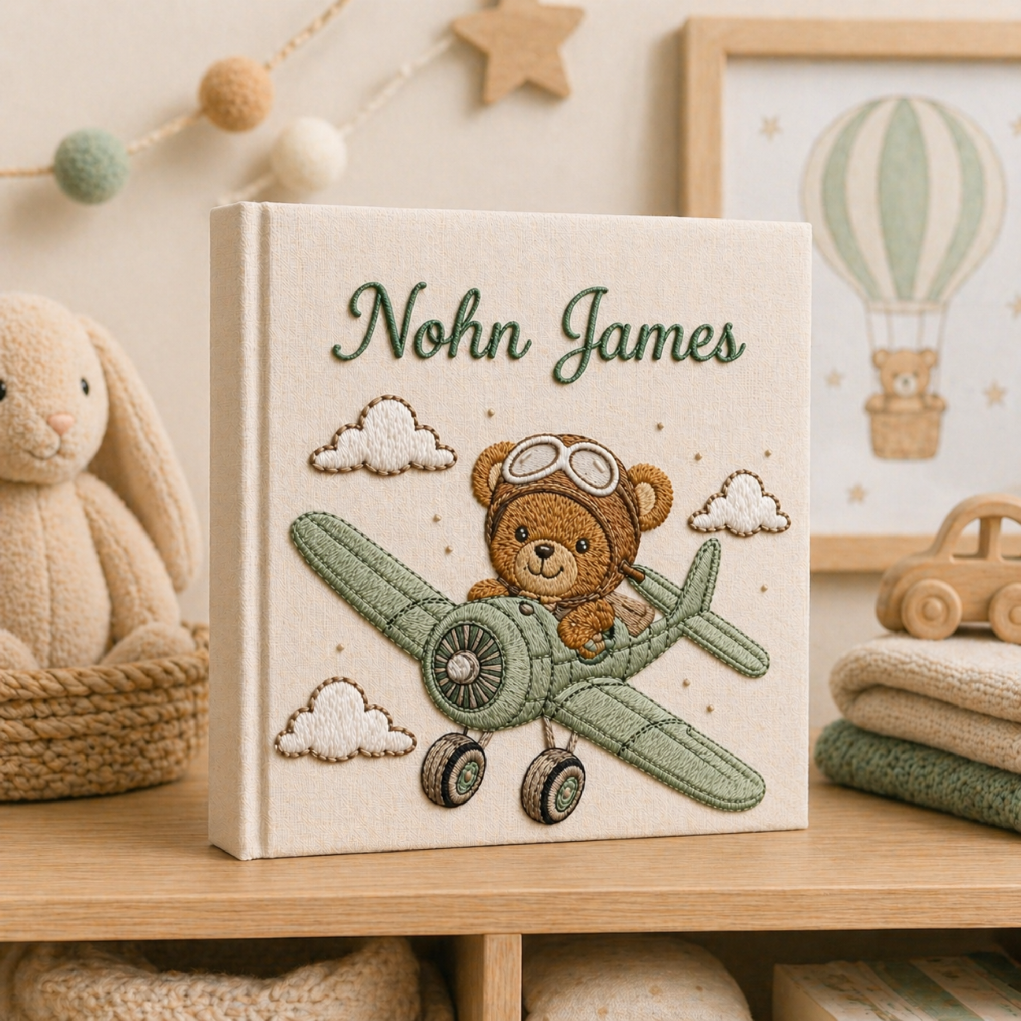 Personalized hand embroidered photo album featuring an aviator teddy bear flying a vintage airplane through fluffy clouds with custom name embroidery