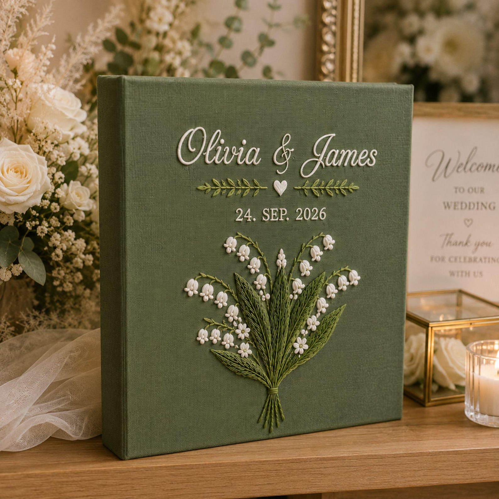 Personalized lily of the valley hand embroidered photo album with custom names and wedding date on linen cover