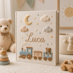 Personalized train hand embroidered photo album with teddy bear moon clouds and stars nursery design