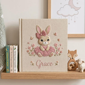 Personalized bunny princess embroidered baby photo album with pink ballerina bunny design on linen cover