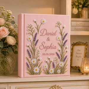 Personalized hand embroidered daisy lavender wedding photo album with botanical floral embroidery and custom names on linen cover