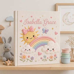 Personalized hand embroidered photo album featuring a smiling sun with bow, pastel rainbow, fluffy clouds, butterflies, and flowers on a premium linen cover customized with a baby name