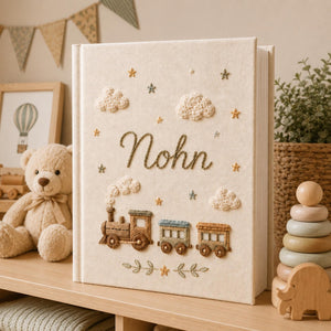 Personalized vintage train hand embroidered photo album with clouds and stars nursery design