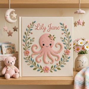 Personalized hand embroidered photo album featuring a cute pink octopus surrounded by floral wreath embroidery and pastel botanical details