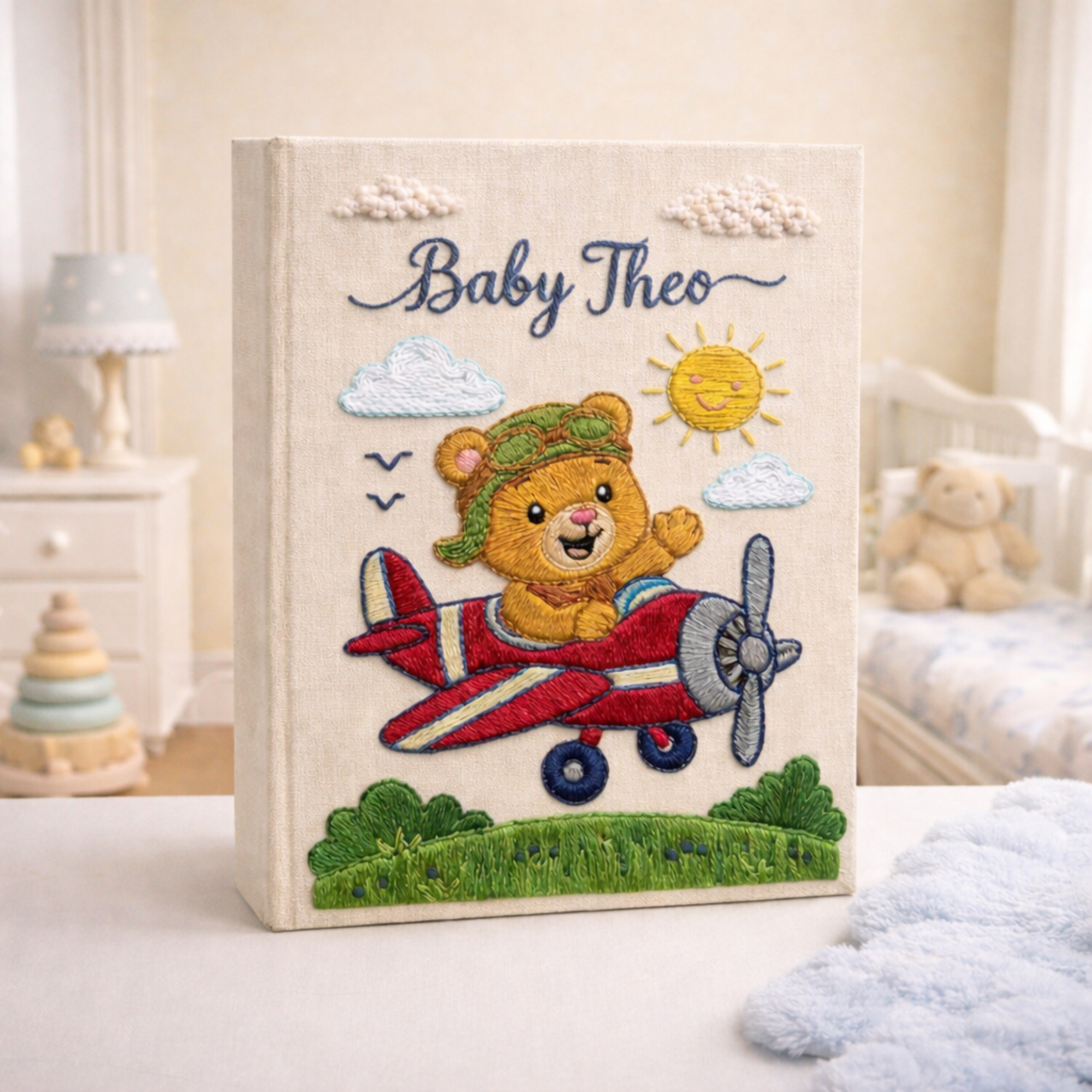 Personalized hand embroidered photo album featuring a teddy bear pilot flying a vintage red airplane beneath clouds and sunshine on a premium linen cover