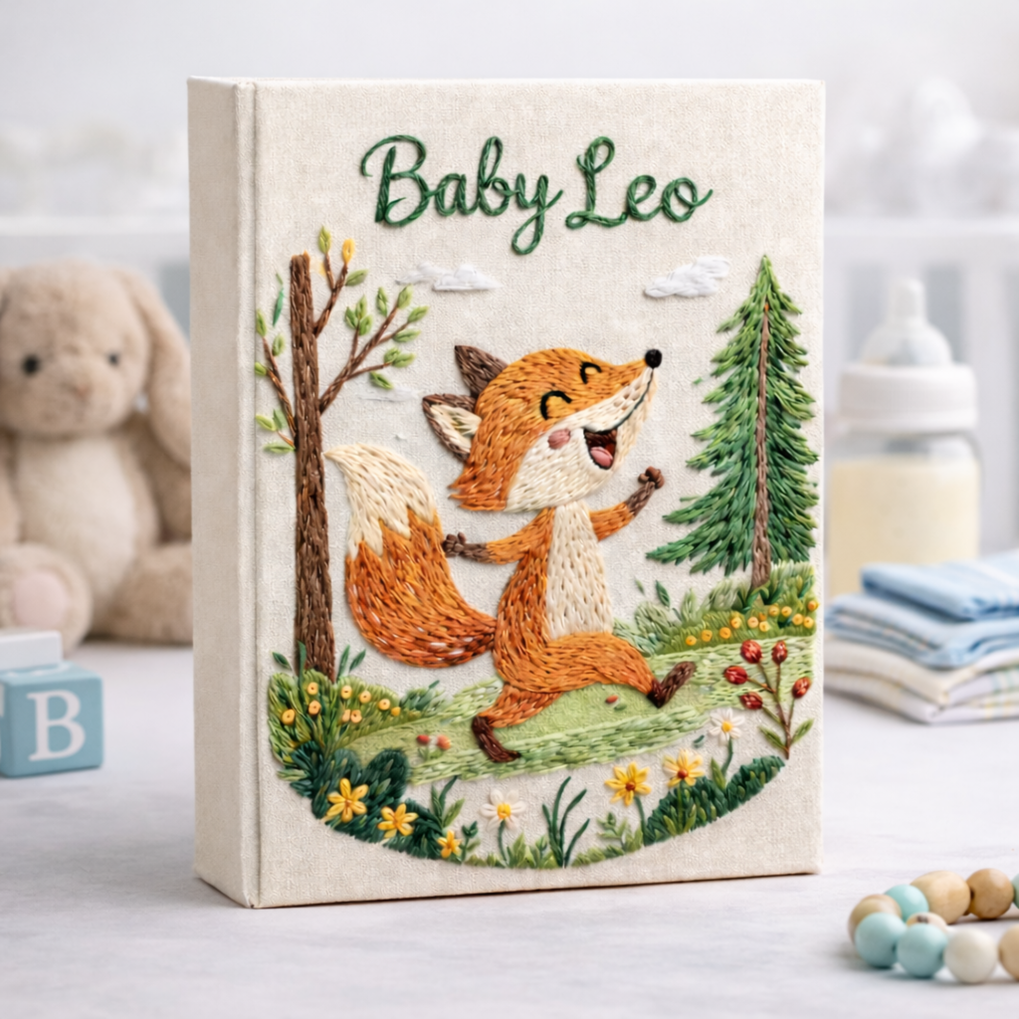 Personalized hand embroidered photo album featuring a cheerful woodland fox running through a forest meadow with pine trees, wildflowers, and greenery on a premium linen cover customized with a baby name