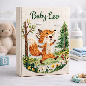 Personalized hand embroidered photo album featuring a cheerful woodland fox running through a forest meadow with pine trees, wildflowers, and greenery on a premium linen cover customized with a baby name