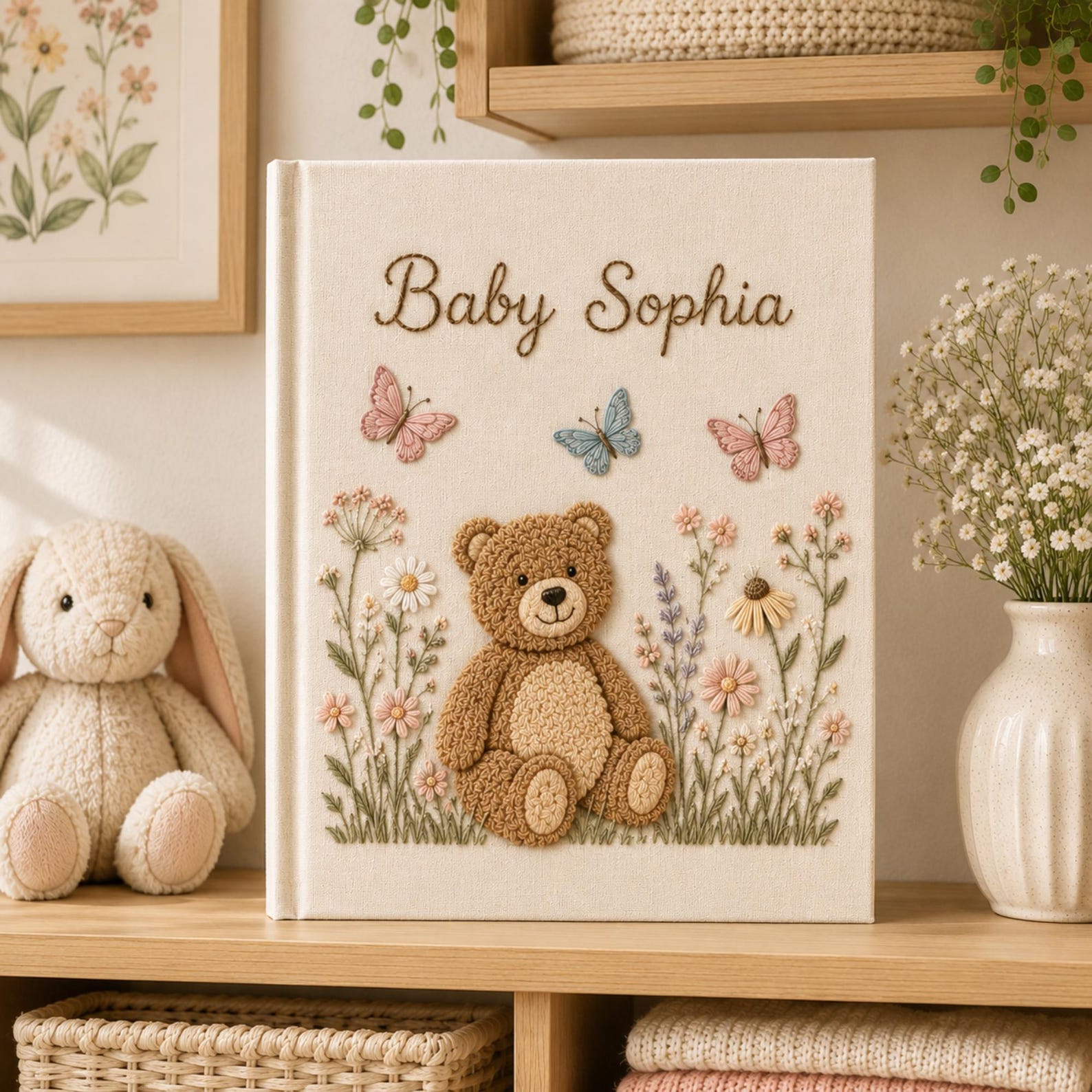Personalized embroidered baby photo album with teddy bear, butterflies, and pastel flower garden design
