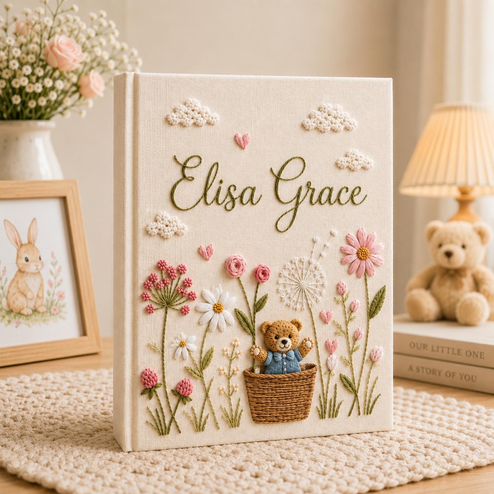 Personalized hand embroidered baby photo album with teddy bear basket wildflowers and cottagecore floral details