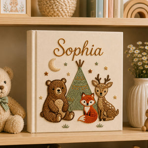 Personalized hand embroidered photo album featuring woodland animals including a bear fox and deer gathered around a teepee on a linen cover