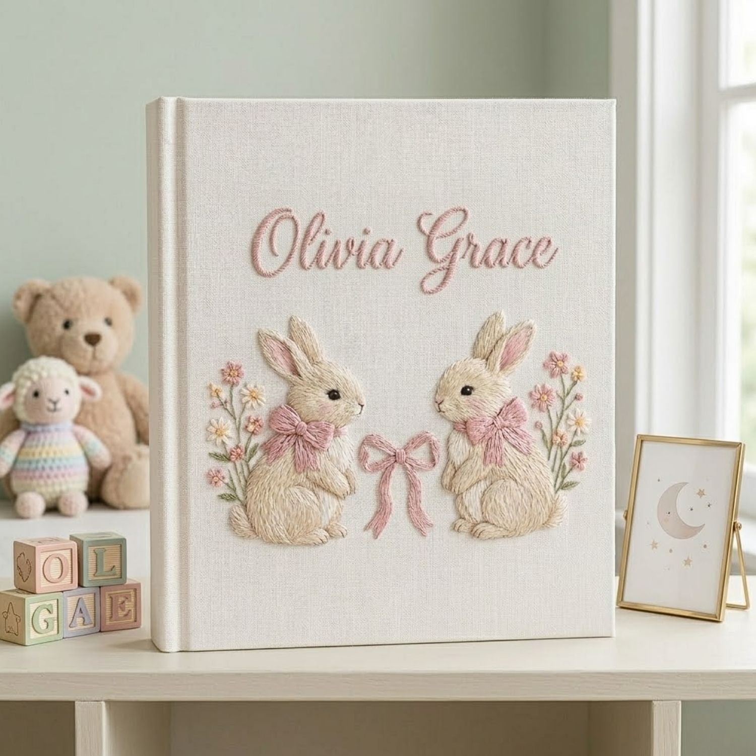 Personalized hand embroidered photo album featuring two adorable rabbits with pink bows and delicate floral accents on a linen cover