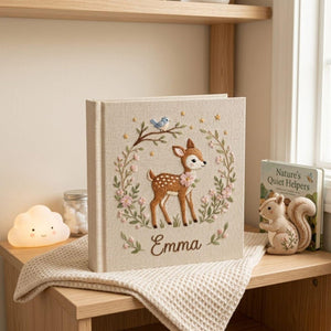 Personalized woodland deer hand embroidered baby photo album with floral forest nursery design on linen cover