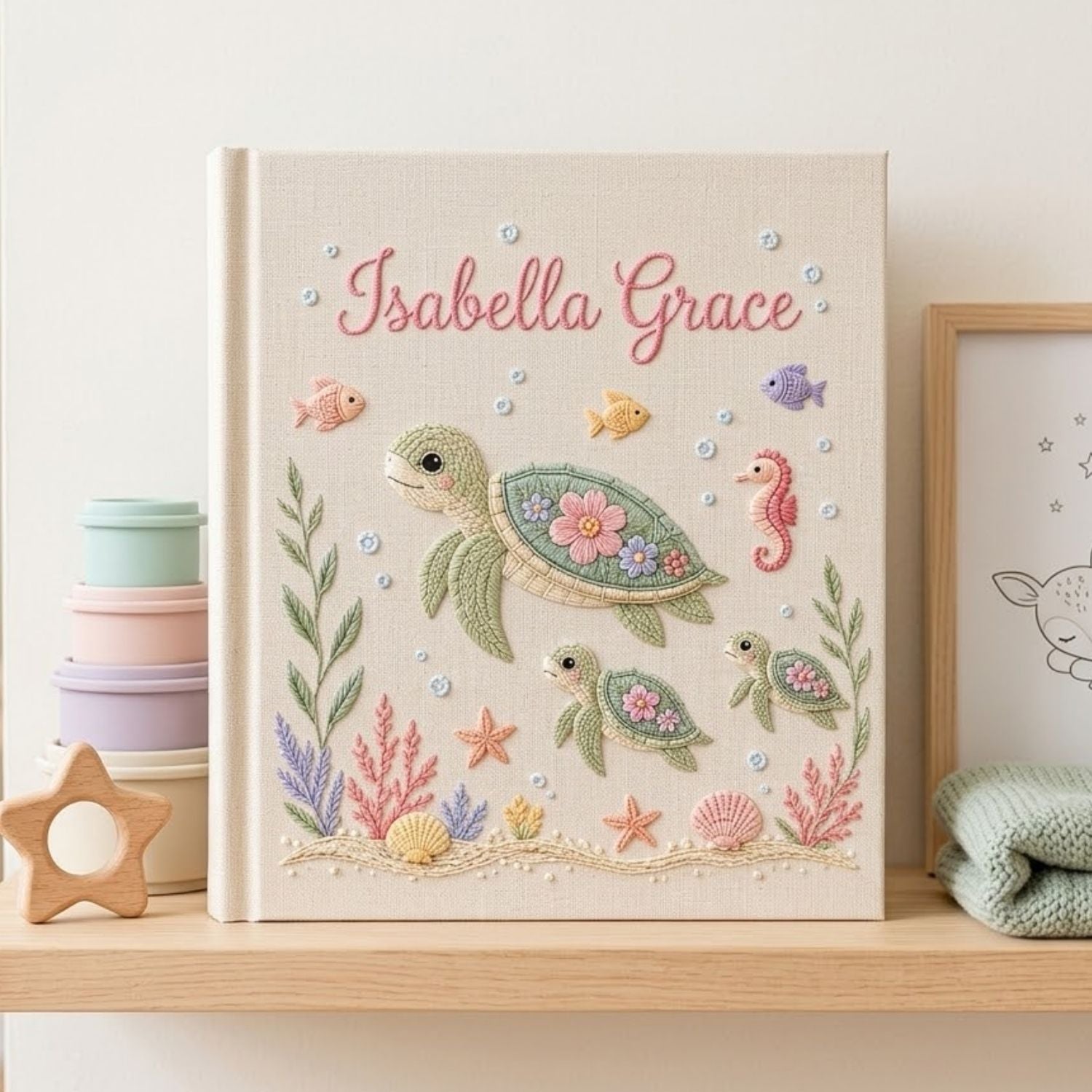 Personalized hand embroidered photo album featuring a sea turtle family with coral reefs, tropical fish, seashells, starfish, and seahorse on a premium linen cover customized with a baby name