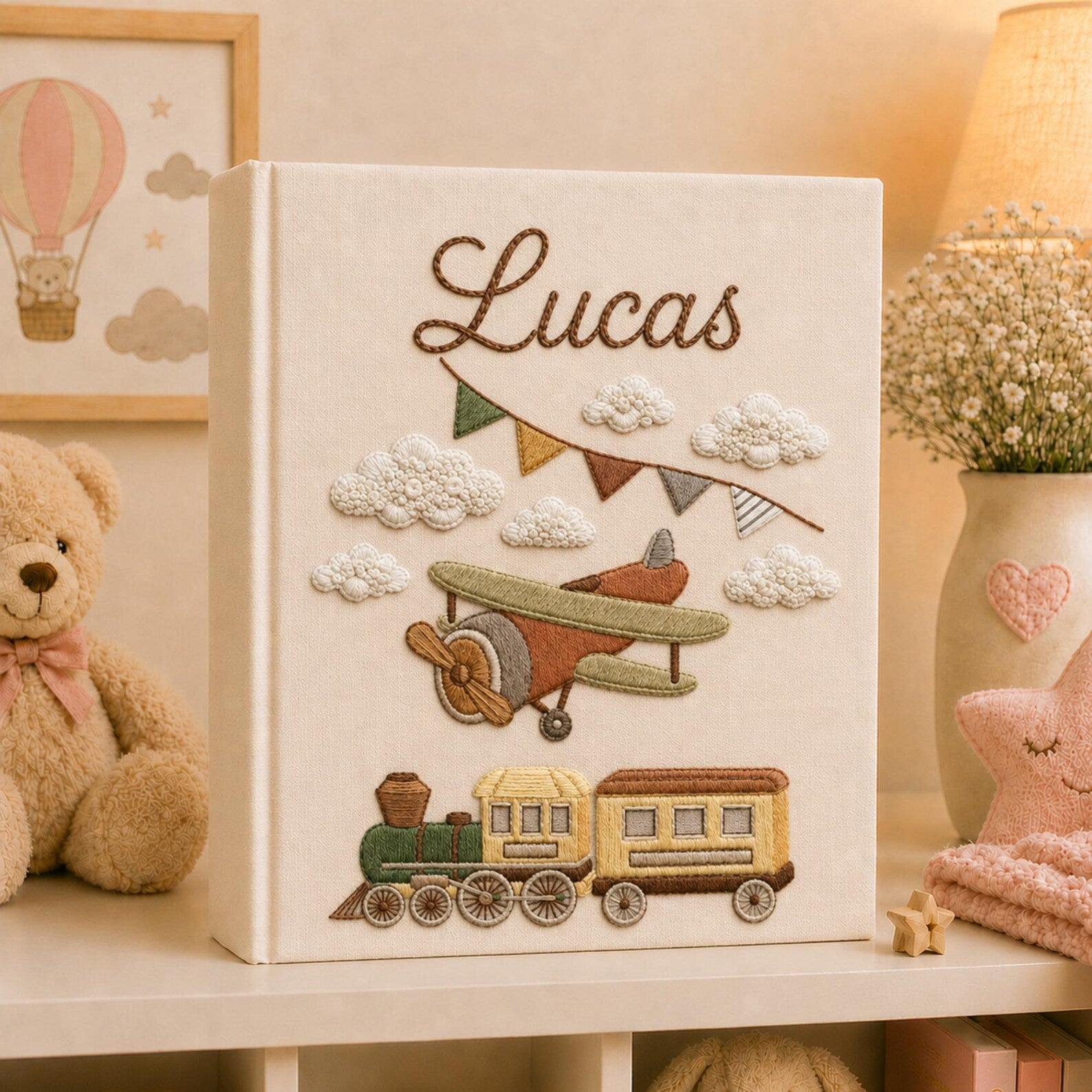 Personalized vintage airplane and train hand embroidered photo album with custom baby name