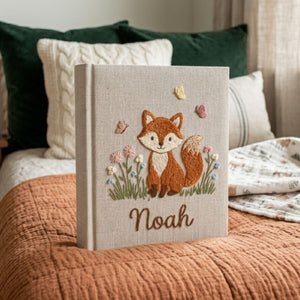 Personalized woodland fox hand embroidered baby photo album with floral butterfly design on linen cover
