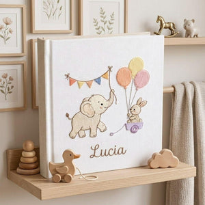 Personalized embroidered baby photo album with elephant, bunny, pastel balloons, and custom name embroidery