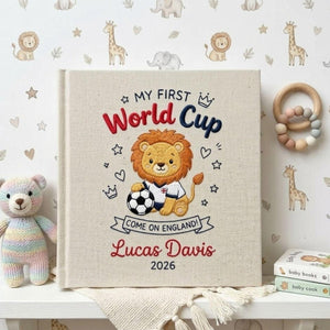 Personalized hand embroidered photo album featuring a cute soccer lion with football and First World Cup theme customized with baby name
