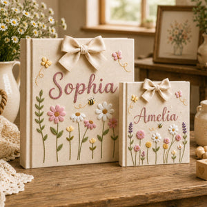 Personalized floral hand embroidered baby photo album with butterflies flowers and fabric bow