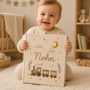 Personalized moonlight train hand embroidered photo album with clouds stars and crescent moon nursery design