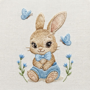 Personalized hand embroidered photo album featuring a cute bunny wearing blue overalls and a bow tie surrounded by blue butterflies and flowers on a linen cover