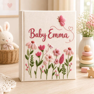Personalized floral butterfly hand embroidered photo album with pastel wildflowers and custom baby name