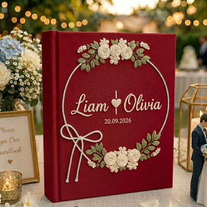 Personalized wedding photo album with blue floral wreath embroidery custom couple names and wedding date on linen cover