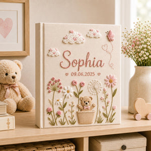 Personalized hand embroidered baby girl photo album with pink flowers clouds butterflies and teddy bear