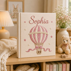 Personalized hand embroidered photo album with pink hot air balloon design, custom baby girl memory book keepsake gift