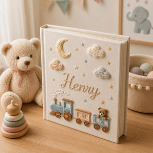 Personalized train hand embroidered photo album with teddy bear moon clouds and stars nursery design