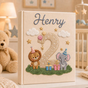 Personalized woodland fox hand embroidered photo album with mushroom and cottagecore nursery design