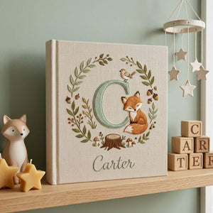 Personalized woodland fox monogram embroidered baby photo album with forest leaves and custom name on linen cover