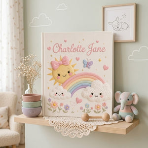 Personalized hand embroidered photo album featuring a smiling sun with bow, pastel rainbow, fluffy clouds, butterflies, and flowers on a premium linen cover customized with a baby name