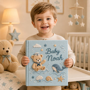 Personalized hand embroidered baby photo album with sailor teddy bear, whale, seashells, and nautical ocean embroidery