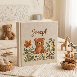 Personalized woodland teddy bear hand embroidered baby photo album with floral forest design on linen cover