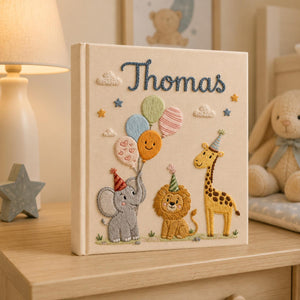Personalized safari animal hand embroidered photo album with elephant lion giraffe and balloons nursery design
