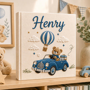 Personalized baby boy hand embroidered photo album with teddy bear driving blue vintage car and hot air balloon