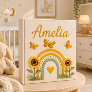 Personalized rainbow hand embroidered photo album with butterflies and sunflowers for baby keepsake gift