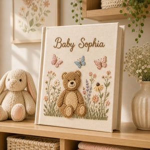 Personalized embroidered baby photo album with teddy bear, butterflies, and pastel flower garden design