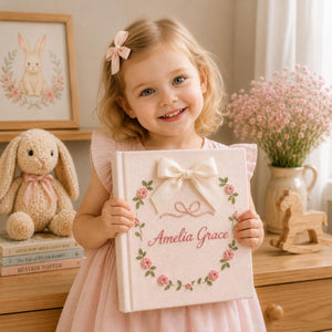 Personalized floral hand embroidered photo album with satin bow and pink rose wreath baby girl keepsake design